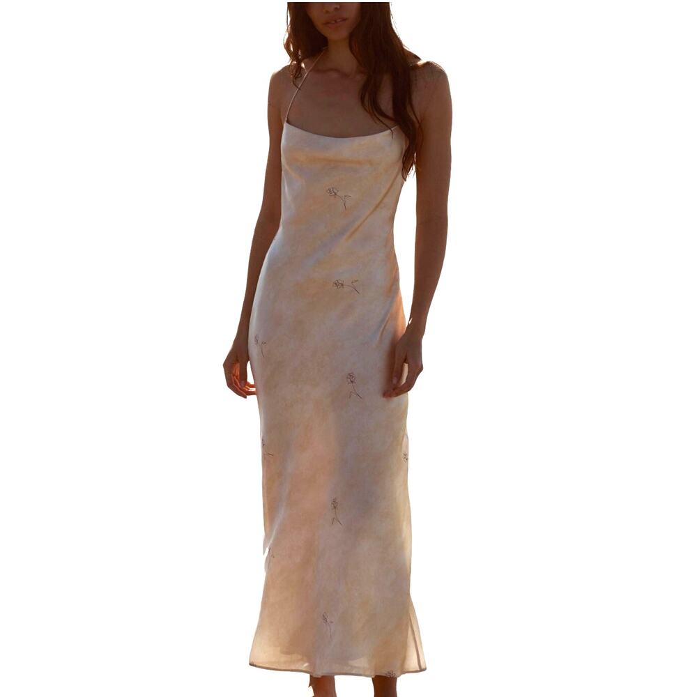 Zara Cream Satin Midi Slip Dress S Flower Line Drawing Cut Out Back Sleek - Picture 12 of 12